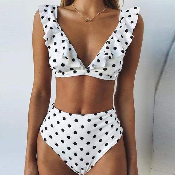 Wholesale High Waist Polka Dot Ruffle Polyester Swimwear